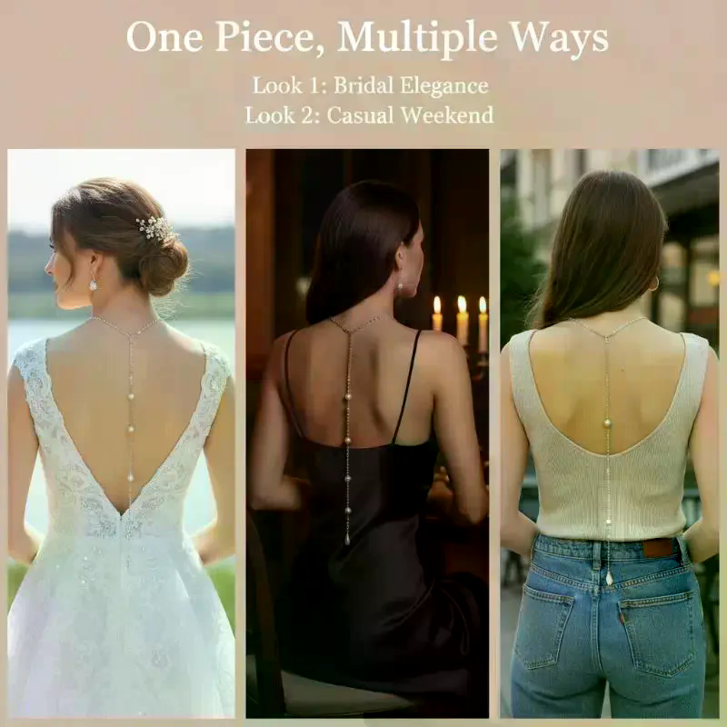 Body Jewelry For Backless Dress - Sparkly Pearl Back Chain Necklace for
