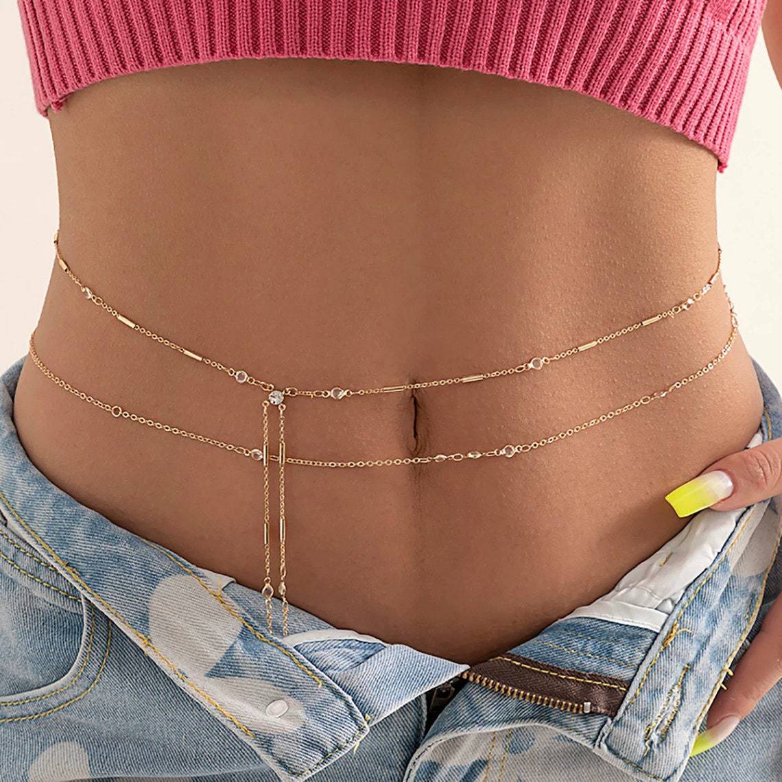 Body Jewelry Gold - Double Layers Tassel Belly Chains For